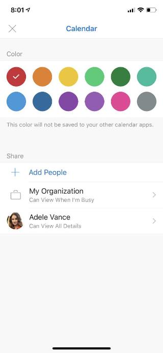Zeigt einen mobilen Bildschirm mit Calendar oben an. Unterhalb des Abschnitts Freigeben gibt es einige Optionen und den Namen einer Person, die hinzugefügt wurde.