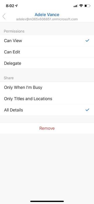 Zeigt einen Mobilgeräte-Bildschirm mit dem Namen einer Person oben, und die Zugriffsberechtigungsoptionen und Teilen-Optionen darunter aufgeführt.