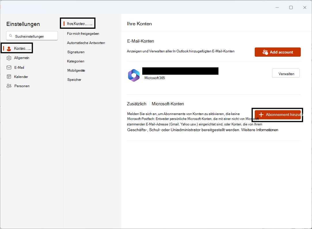Hinzufügen zusätzlicher Microsoft-Konten auf der Einstellungsseite 