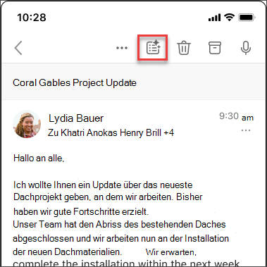 Copilot-Zusammenfassungssymbol zum Zusammenfassen des E-Mail-Threads in iOS und Android.