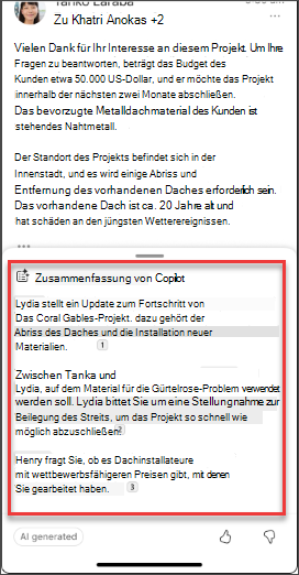 Eine E-Mail-Zusammenfassung von Copilot unter iOS und Android