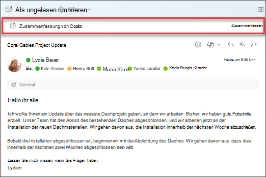 Wählen Sie „Zusammenfassen“ für Copilot aus, um eine Zusammenfassung eines E-Mail-Threads zu erstellen.