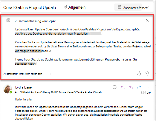 Zusammenfassung des E-Mail-Threads mit Zitaten, die von Copilot erstellt wurden.