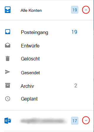 Zeigt Outlook-Ordner mit umkreisten Dropdown-Pfeilen auf der rechten Seite des Bildschirms.