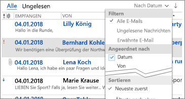 Liste der verfügbaren Filter zum Sortieren von Nachrichten