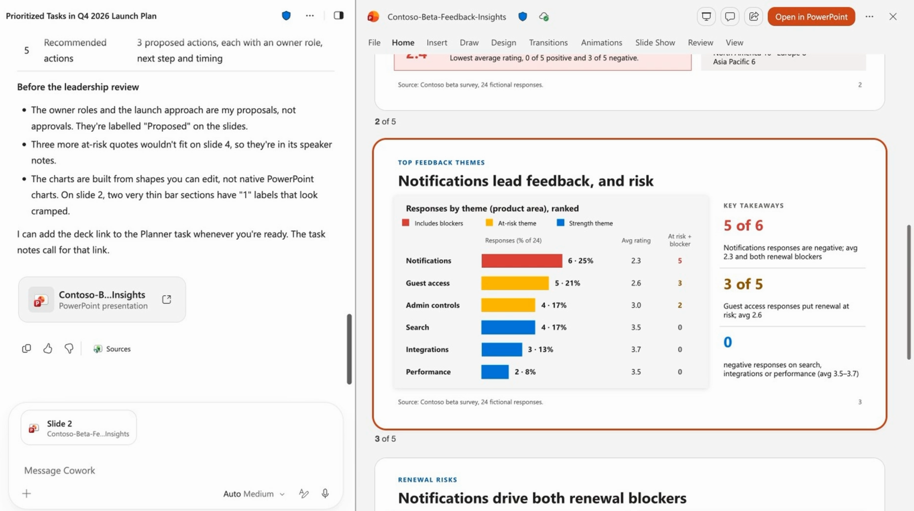 Cowork-Antwort mit einem fertigen PowerPoint-Deck zur Überprüfung und einem Angebot, den Deck-Link zur Planner-Aufgabe hinzuzufügen.