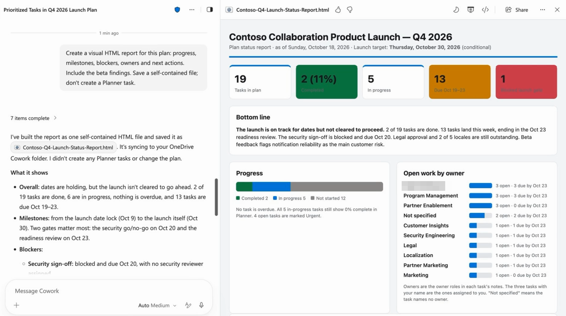 Plan status von Cowork erstellter Bericht mit der Anzahl der Aufgaben, dem Fortschritt, einer Zusammenfassung und der offenen Arbeit nach Besitzer.