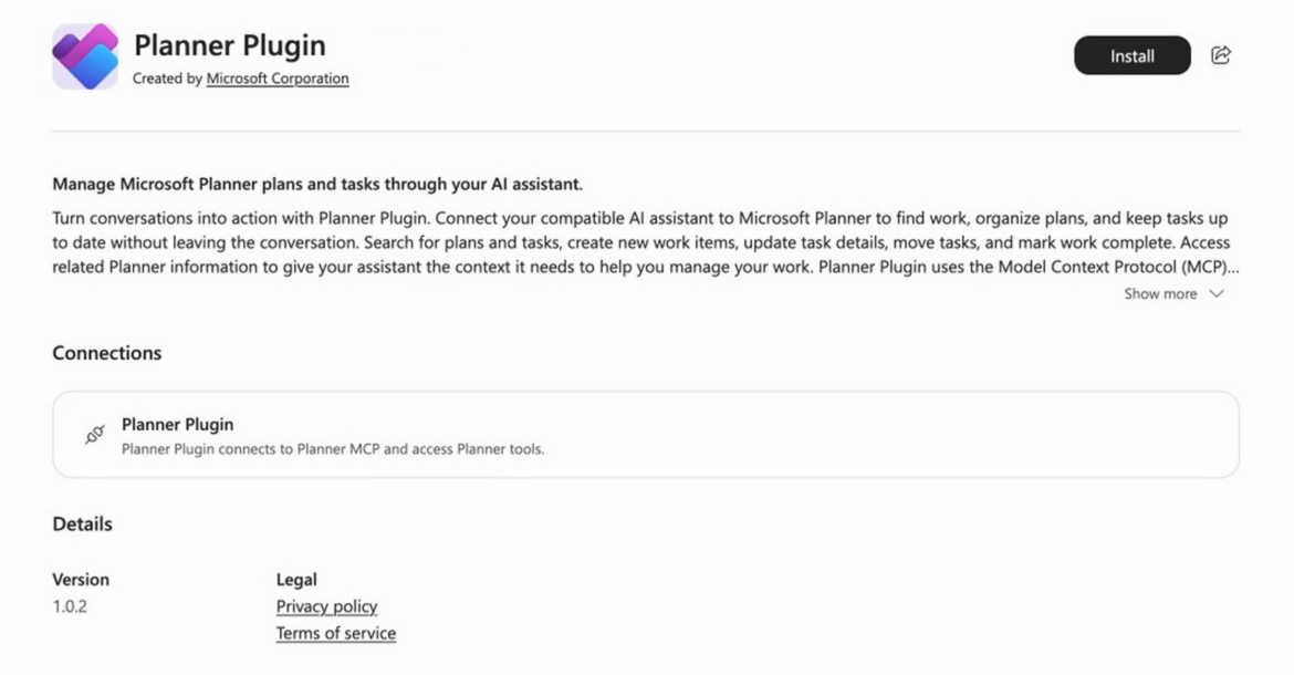 Detailseite des Planner-Plug-Ins, erstellt von der Microsoft Corporation, mit der Schaltfläche 