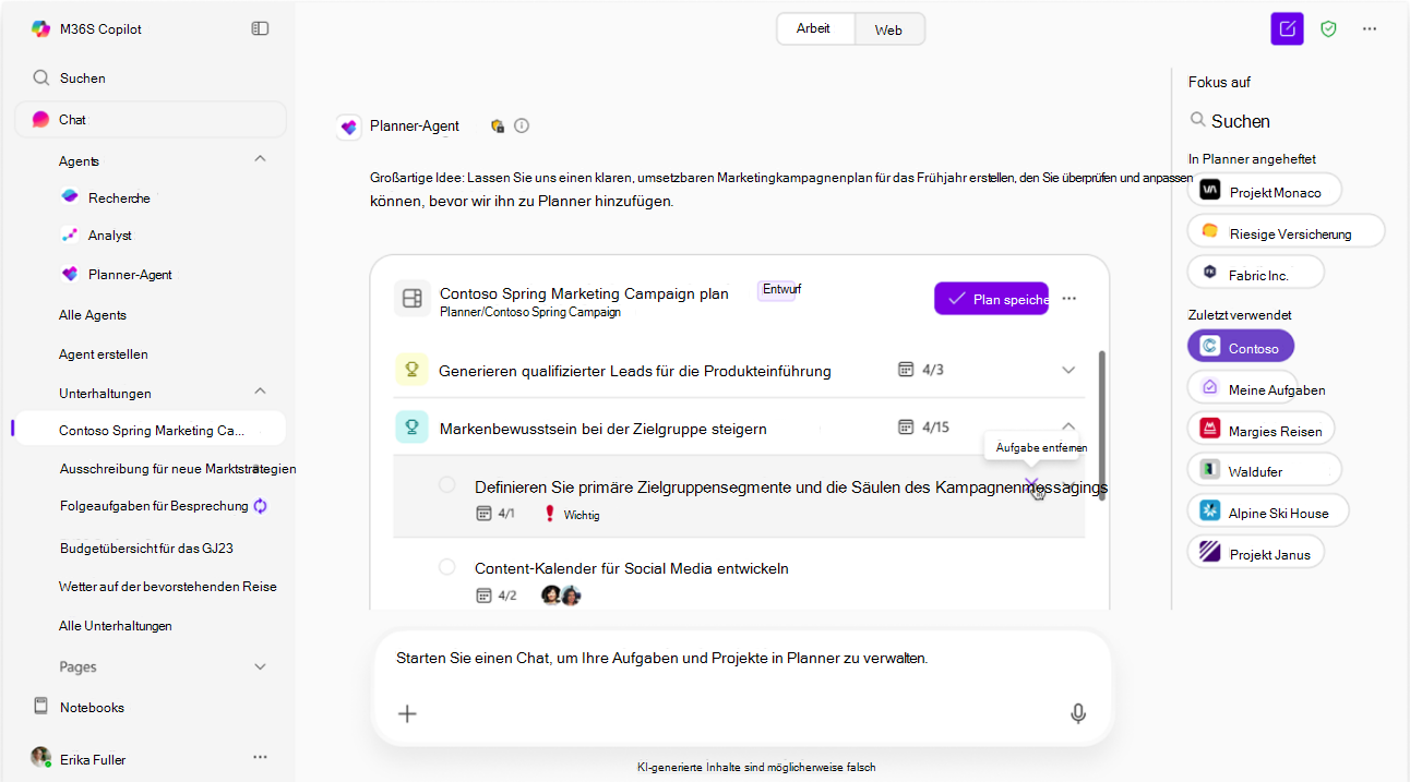 Screenshot, der zeigt, wie der Planner-Agent einen KI-Vorschlag im Entwurfsmodus bearbeitet.