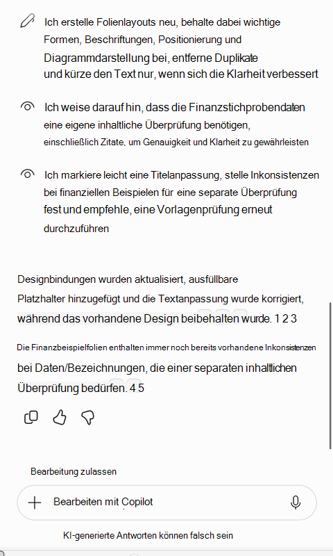 Screenshot der Copilot-Zusammenfassung der Vorlagenkorrekturen, die es vorgenommen hat.