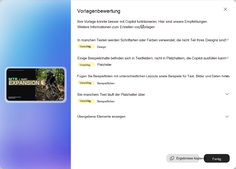 Screenshot der Ergebnisse der Vorlagenbewertung mit der Schaltfläche 