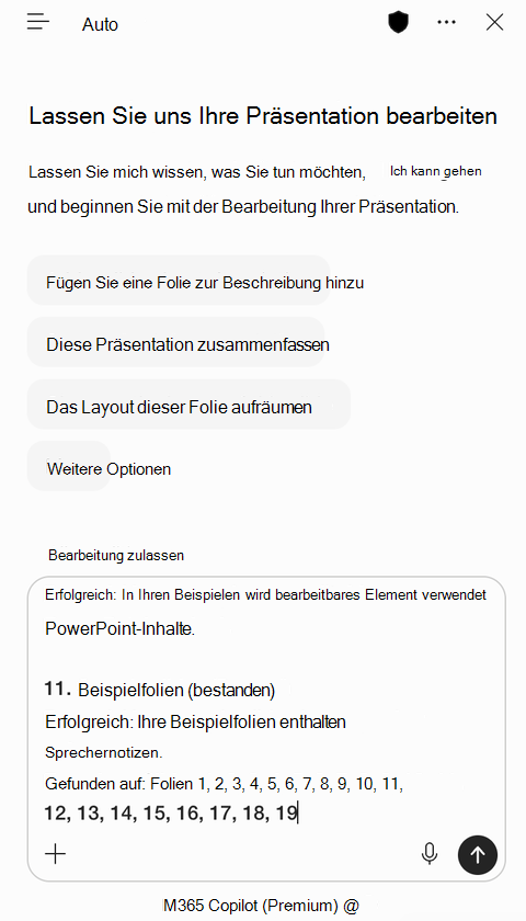 Screenshot des Copilot-Bereichs in PowerPoint mit den kopierten Bewertungsergebnissen, die in das Eingabeaufforderungsfeld eingefügt wurden.