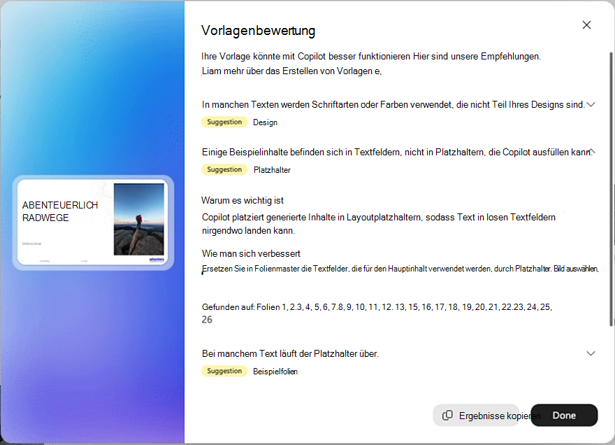Screenshot der Ergebnisse der Vorlagenbewertung mit einem erweiterten Vorschlag, um zu zeigen, warum es wichtig ist und wie man es verbessern kann.