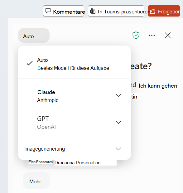Screenshot, der die KI-Modellauswahl in Copilot Chat zeigt.