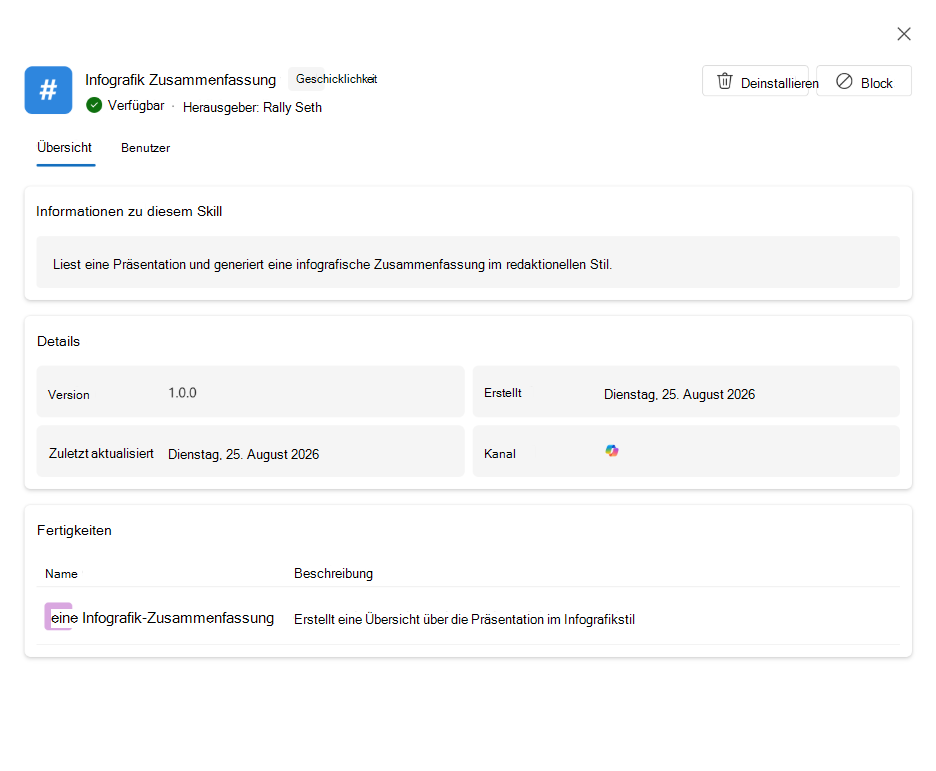 Screenshot, der die Details, Benutzer, Version und den Status der Bereitstellung eines Skills anzeigt