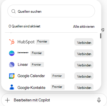Screenshot: Liste der Connectors mit verfügbaren Datenquellen und Schaltflächen 