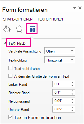 Textfeldoptionen im Bereich 
