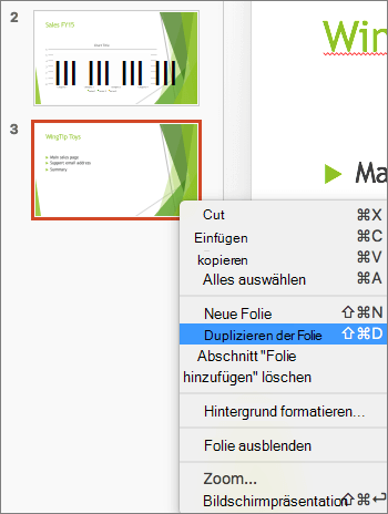 Der Screenshot zeigt eine ausgewählte Folie und im Kontextmenü die ausgewählte Option 