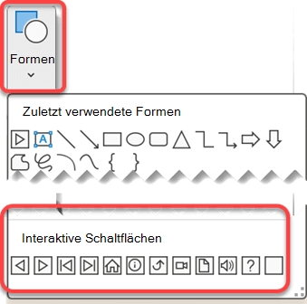 Abbildung des Menüs 'Formen' im Menüband in PowerPoint mit hervorgehobenen 