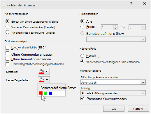 Zeigt die Laserpointer-Optionen in PowerPoint an