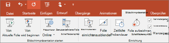 Abbildung der Registerkarte 'Bildschirmpräsentation' im PowerPoint-Menüband