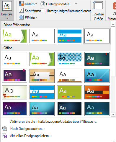 Anzeigen der Optionen für Folienmasterdesigns in PowerPoint