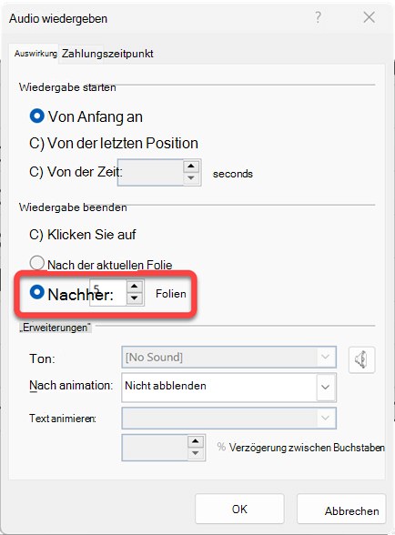 Sie können die Anzahl der Folien angeben, über die der Audioclip wiedergegeben wird.