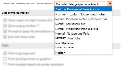 Die Liste Alle Dokumente mit dieser Ansicht öffnen wurde erweitert, damit der Kunde eine Standardansicht auswählen kann.