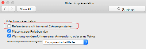 Deaktivieren Sie im Dialogfeld Bildschirmpräsentation das Kontrollkästchen Referentenansicht immer mit 2 Anzeigen starten.