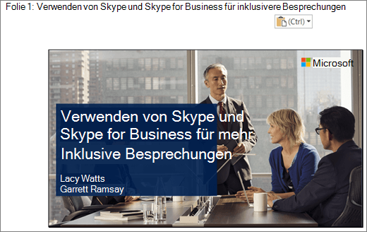 Screenshot der neuen Word Dokument mit Folie 1 mit Folientitel, Die im Bild gezeigte Folie enthält den Folientitel, die Namen der Referenten und ein Hintergrundbild von Geschäftsleuten an einem Konferenztisch.