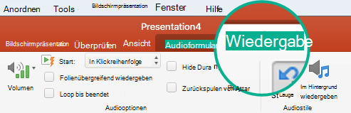 Wenn ein Audioclip auf einer Folie ausgewählt ist, wird im Menüband die Registerkarte 