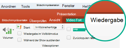 Wenn ein Video auf einer Folie ausgewählt ist, wird im Menüband die Registerkarte 