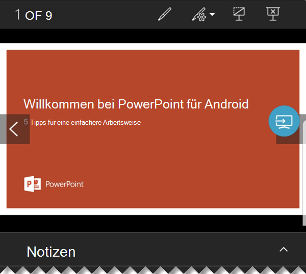 Während die Folien auf dem großen Bildschirm in voller Größe angezeigt werden, sehen Sie auf dem Display des Smartphones die Referentenansicht mit Notizen und Navigationssteuerelementen.