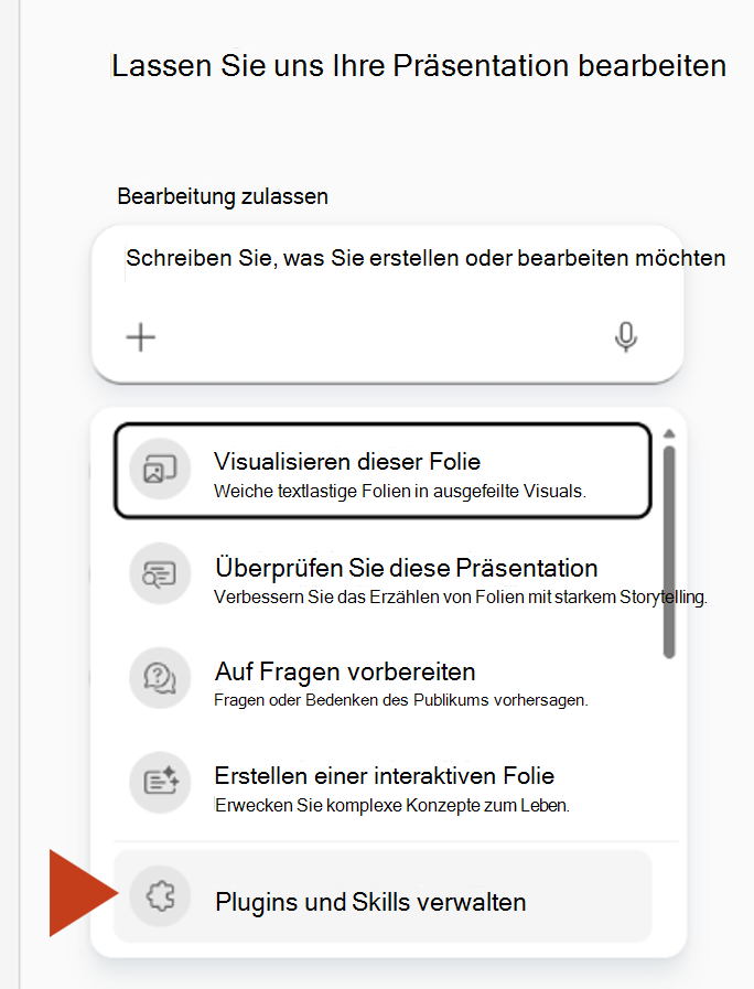 Screenshot: Auswahl von Plug-Ins und Skills verwalten aus dem Plusmenü im Copilot-Bereich.