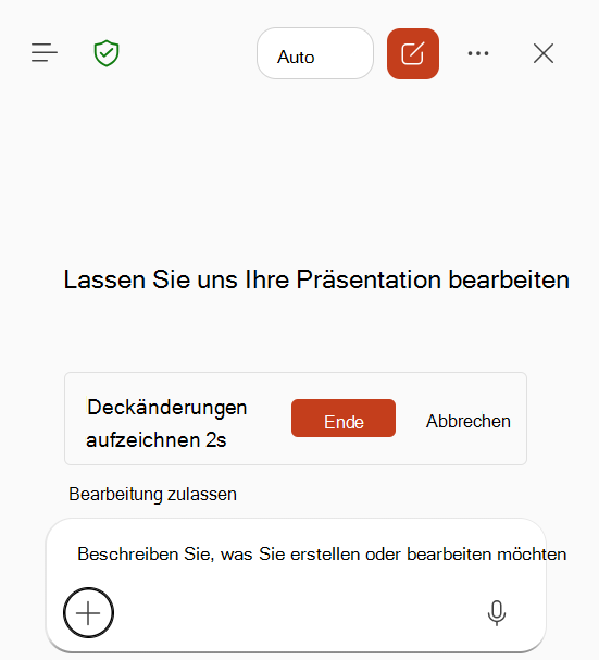 Screenshot, der die laufende Skill-Aufzeichnung in Copilot in PowerPoint zeigt.