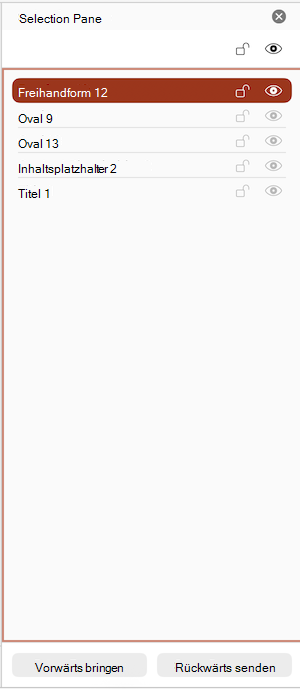 Screenshot des Auswahlbereichs in PowerPoint für Mac.