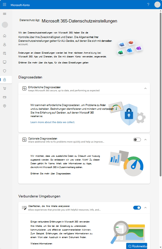 Eine Microsoft 365-Datenschutzeinstellungsseite mit Optionen zur Steuerung von Diagnosedaten und verbundenen Erfahrungen.