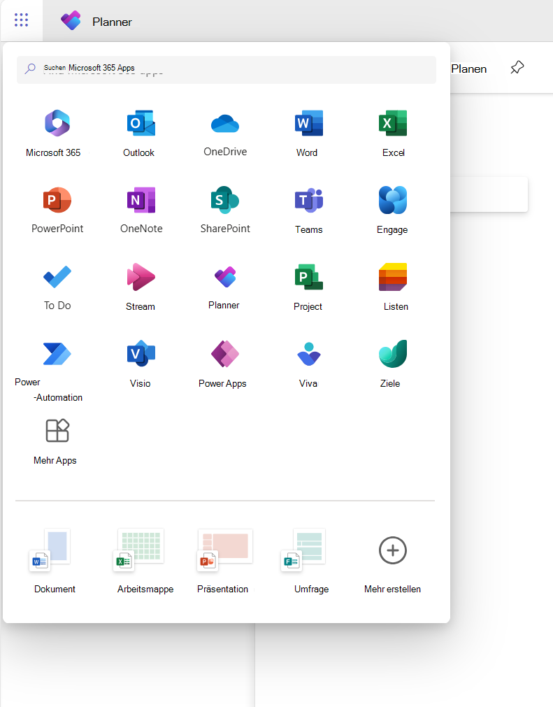 Microsoft 365-App-Startfeld