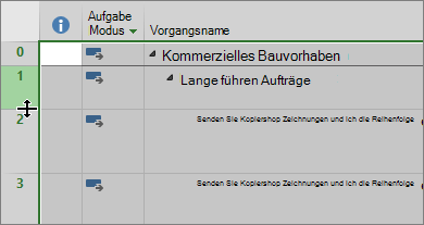Screenshot der Gantt-Diagrammansicht, mit dem Cursor über der Zeilentrennlinie