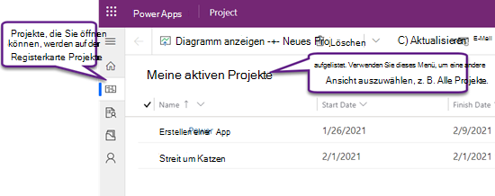 Die Registerkarte „Projekte“ in der Project Power App mit angezeigter Ansicht „Eigene aktive Projekte“