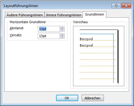 Publisher-Dialogfeld 'Layout-Führungslinien' mit der Registerkarte 'Basisführungslinien'