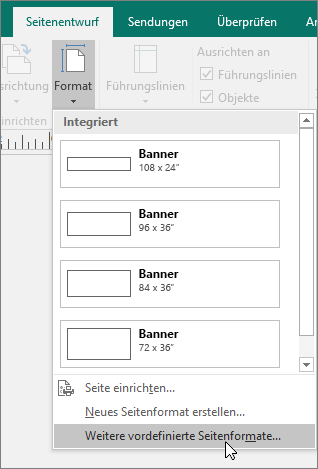 Screenshot der Option für weitere Formate von voreingestellten Seiten auf der Registerkarte 