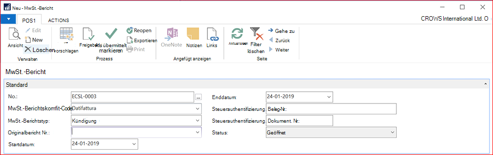 Screenshot für einen neuen MwSt.-Bericht
