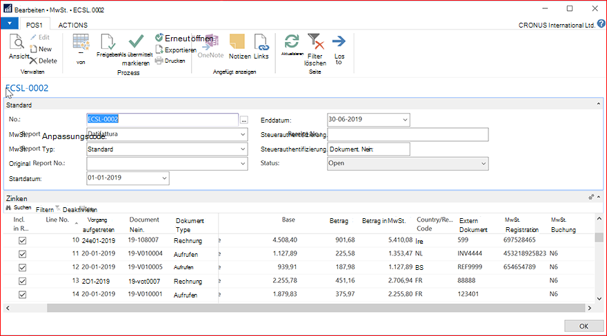 Screenshot für die Zeilen des MwSt.-Berichts