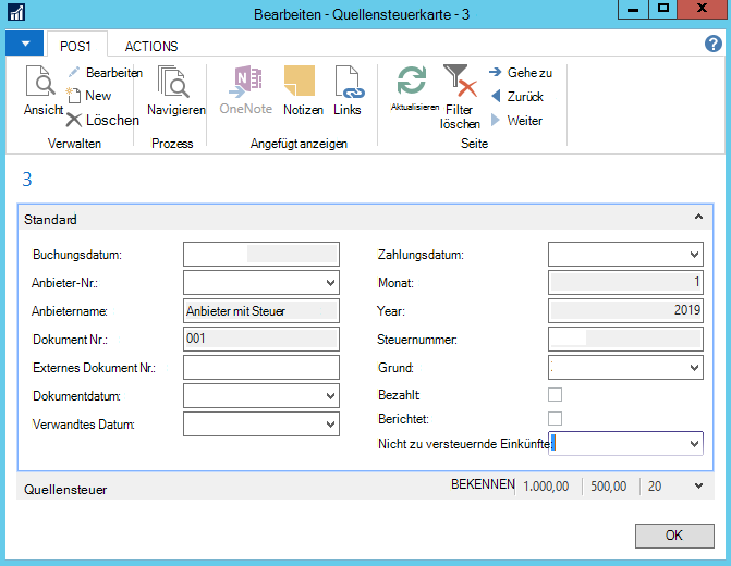 Screenshot der Bearbeitung der Quellensteuerkarte