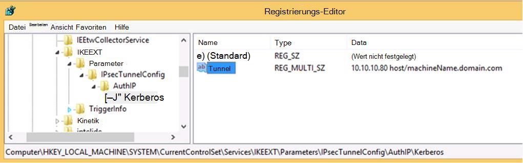 Registrierungs-Editor mit dem Wert des KerbProxy-IPsec-Tunnelzertifikats