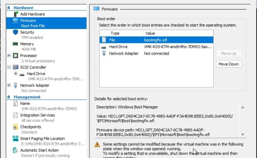 Screenshot der Einstellungen eines virtuellen Hyper-V-Computers (VM) mit hervorgehobenem Abschnitt 
