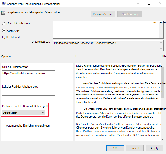 Gruppenrichtlinieneinstellung für Arbeitsordner