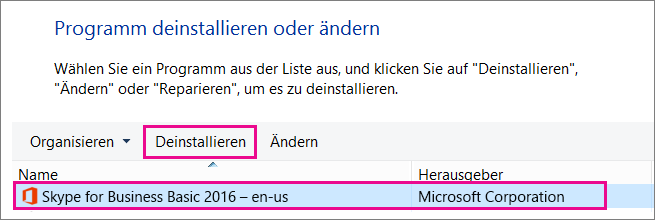Wählen Sie in der Systemsteuerung die Option „Programme deinstallieren“ und dann „Skype for Business“ aus.