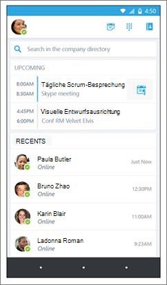 Skype for Business für Android Startbildschirm